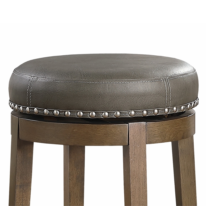 Bara 25 Inch Swivel Counter Stool Gray Round Faux Leather- Brown- Set of 2