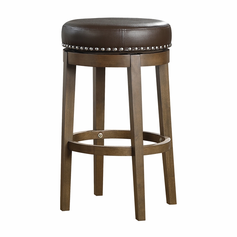 Bara 31 Inch Swivel Barstool- Brown Round Faux Leather Seat- Set of 2