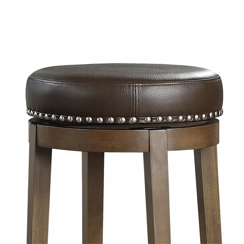 Bara 31 Inch Swivel Barstool- Brown Round Faux Leather Seat- Set of 2