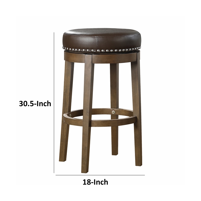 Bara 31 Inch Swivel Barstool- Brown Round Faux Leather Seat- Set of 2