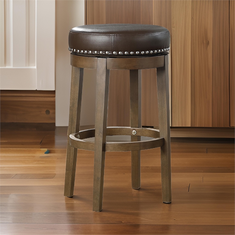 Bara 31 Inch Swivel Barstool- Brown Round Faux Leather Seat- Set of 2