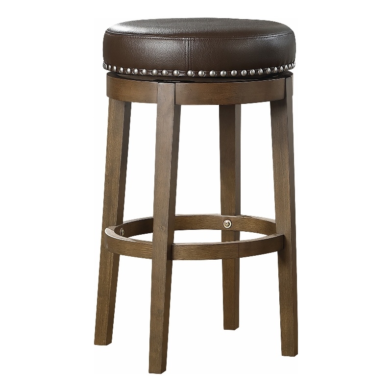 Bara 31 Inch Swivel Barstool- Brown Round Faux Leather Seat- Set of 2