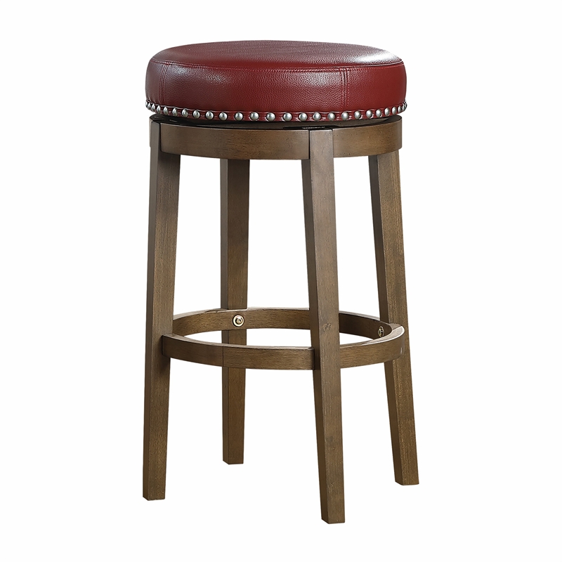 Bara 31 Inch Swivel Barstool- Red Round Faux Leather- Brown Wood- Set of 2