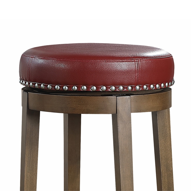 Bara 31 Inch Swivel Barstool- Red Round Faux Leather- Brown Wood- Set of 2