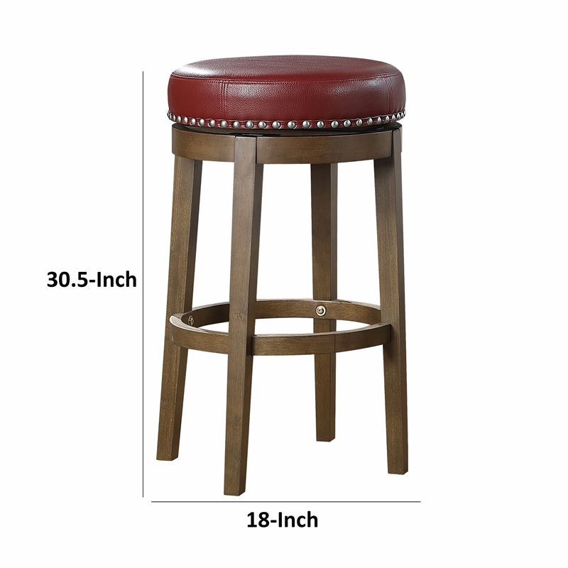 Bara 31 Inch Swivel Barstool- Red Round Faux Leather- Brown Wood- Set of 2