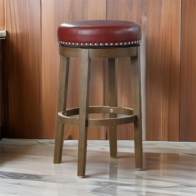 Bara 31 Inch Swivel Barstool- Red Round Faux Leather- Brown Wood- Set of 2