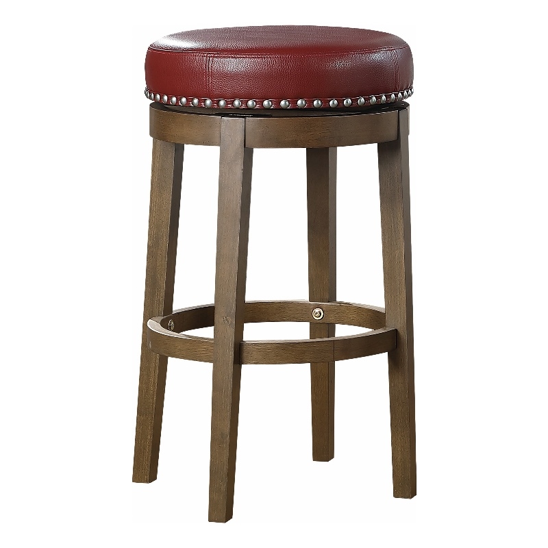 Bara 31 Inch Swivel Barstool- Red Round Faux Leather- Brown Wood- Set of 2