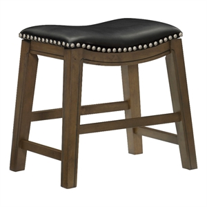 Miel 20 Inch Dining Stool- Black Faux Leather and Brown Solid Wood