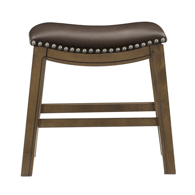 Miel 20 Inch Dining Stool- Brown Faux Leather- Brown Solid Wood- Nailheads