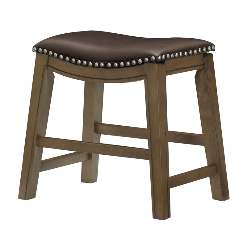 Miel 20 Inch Dining Stool- Brown Faux Leather- Brown Solid Wood- Nailheads