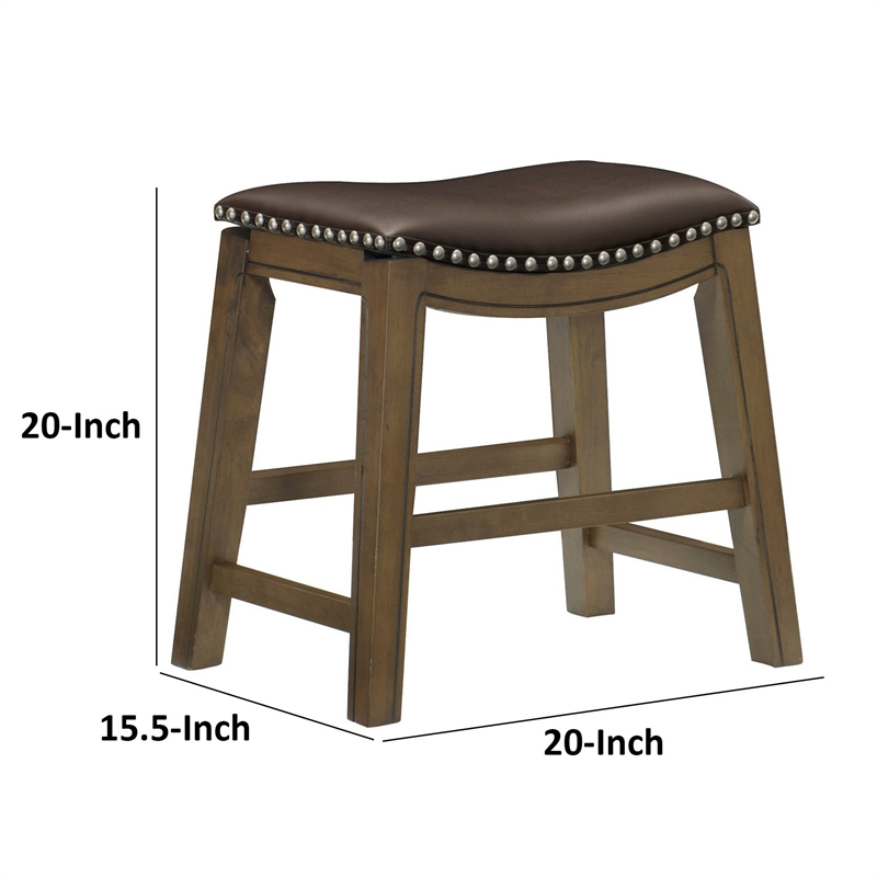 Miel 20 Inch Dining Stool- Brown Faux Leather- Brown Solid Wood- Nailheads