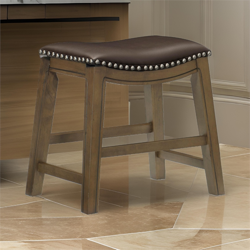 Miel 20 Inch Dining Stool- Brown Faux Leather- Brown Solid Wood- Nailheads