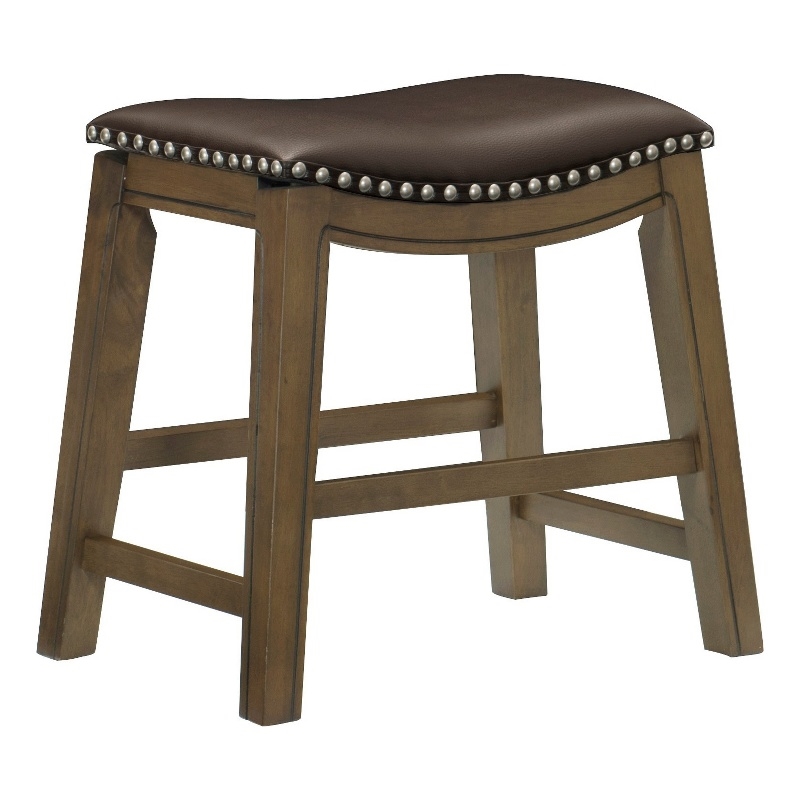 Miel 20 Inch Dining Stool- Brown Faux Leather- Brown Solid Wood- Nailheads