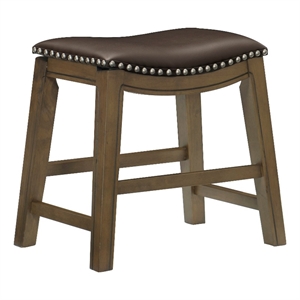 Miel 20 Inch Dining Stool- Brown Faux Leather- Brown Solid Wood- Nailheads