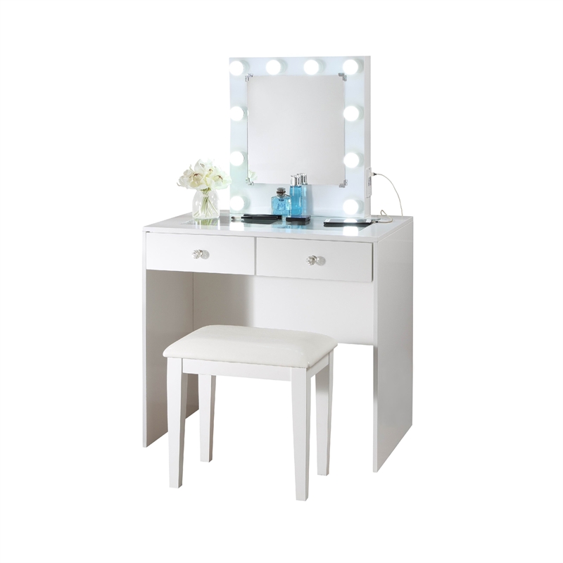 Hudi Makeup Vanity and Stool Set- 10 Lights- USB Power Outlet- White