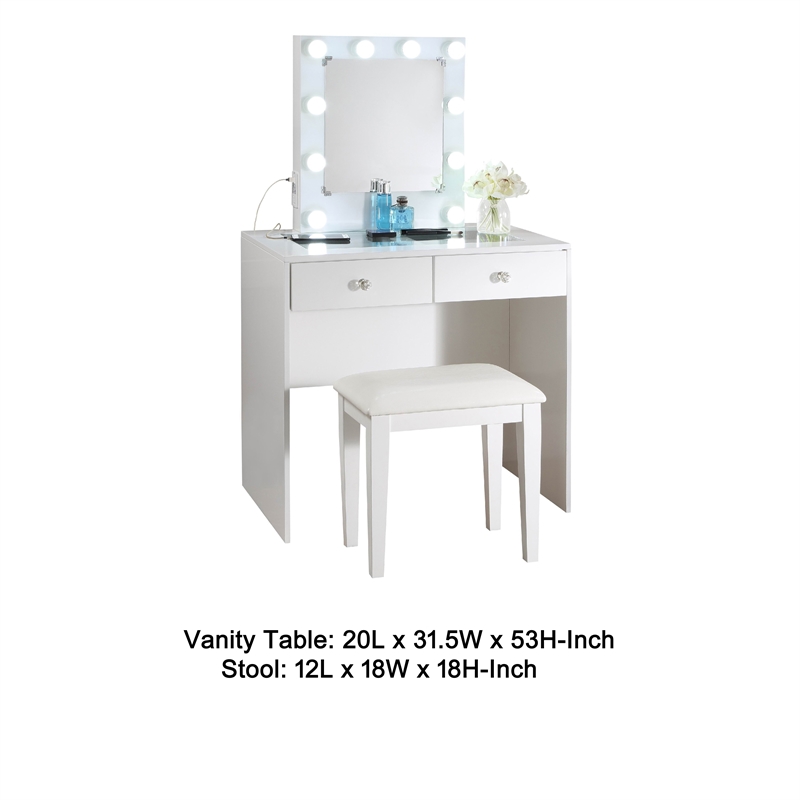 Hudi Makeup Vanity and Stool Set- 10 Lights- USB Power Outlet- White
