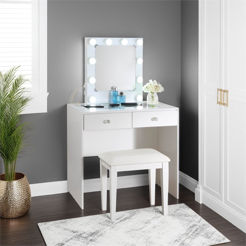 Hudi Makeup Vanity and Stool Set- 10 Lights- USB Power Outlet- White