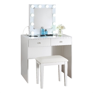 Hudi Makeup Vanity and Stool Set- 10 Lights- USB Power Outlet- White