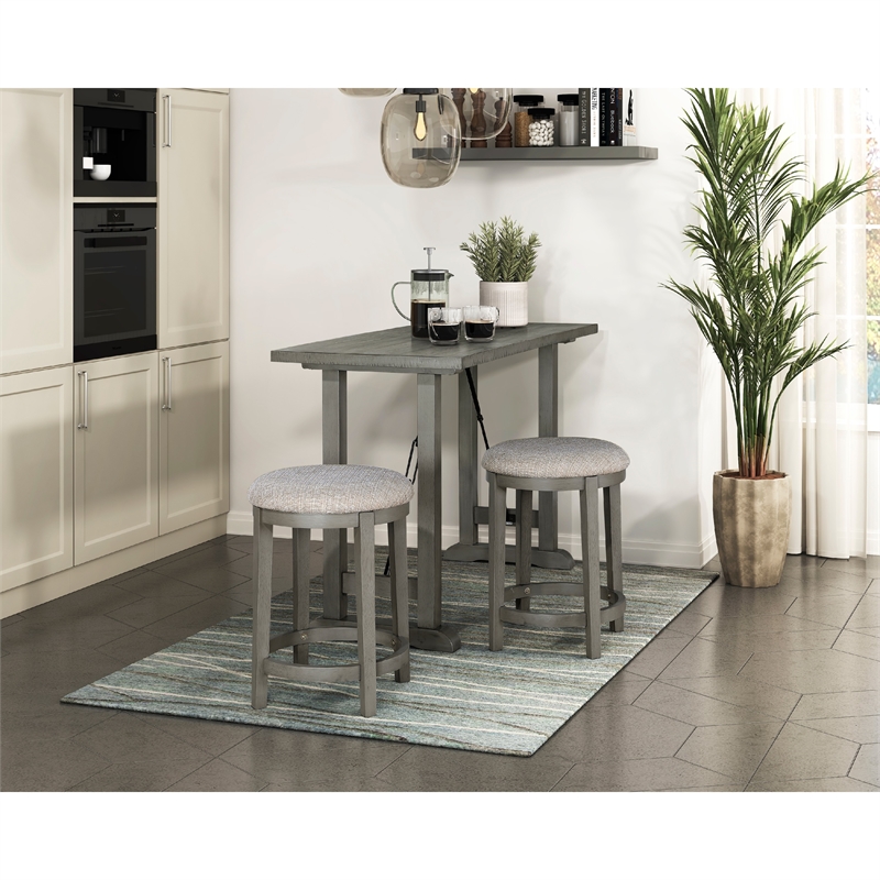 Anab Counter Height Stool Set of 2- Round Polyester Seat- Gray Wood