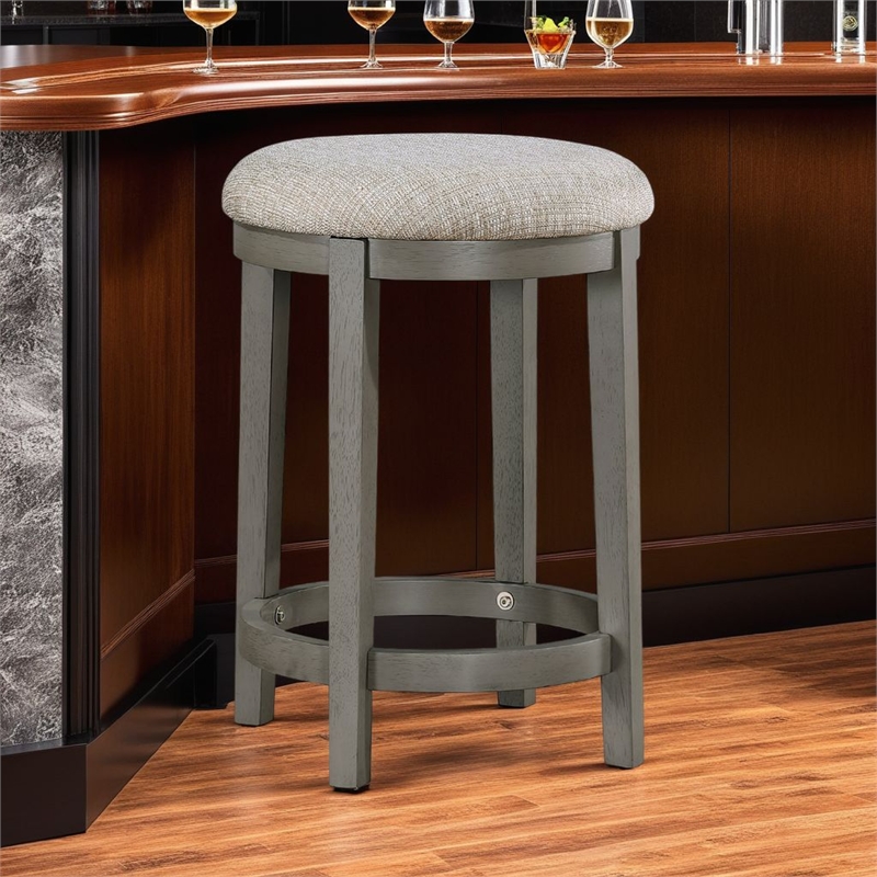 Anab Counter Height Stool Set of 2- Round Polyester Seat- Gray Wood