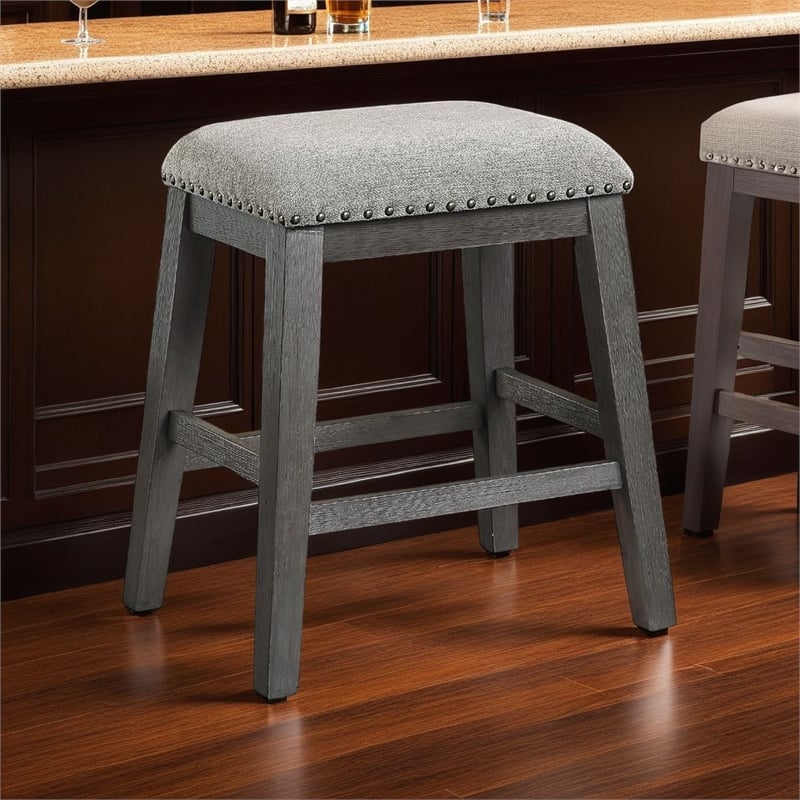 Tuna Counter Height Stool Set of 2- Chenille Seat- Nailhead- Gray Wood