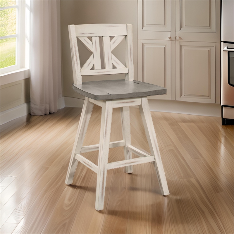 Ati 29 Inch Bar Height Stool Swivel Chairs Set of 2- Divided X Back- Gray- White