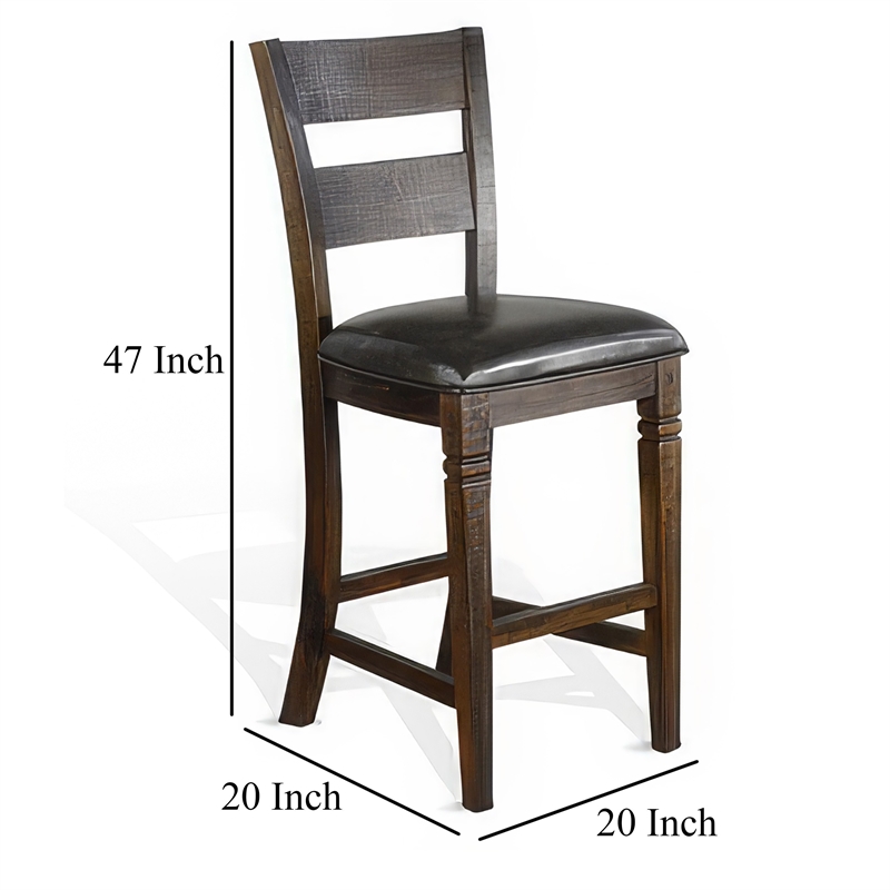 Flint Barstool Chair- Set of 2- Ladderback- Black Vinyl- Dark Brown Mahogany