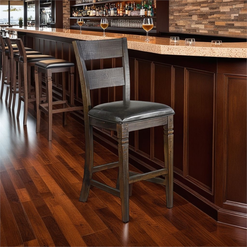 Flint Barstool Chair- Set of 2- Ladderback- Black Vinyl- Dark Brown Mahogany