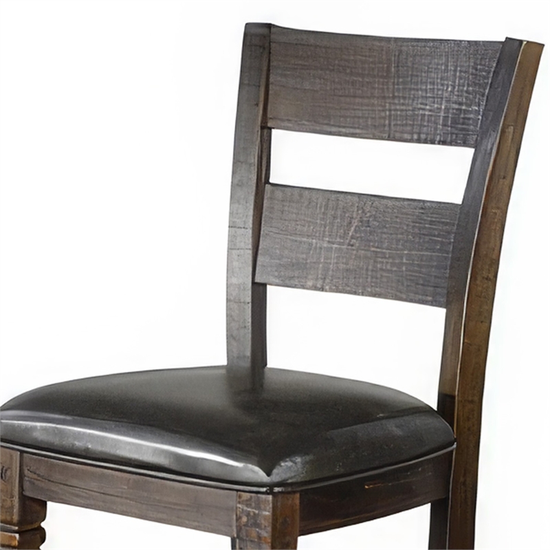 Flint Barstool Chair- Set of 2- Ladderback- Black Vinyl- Dark Brown Mahogany