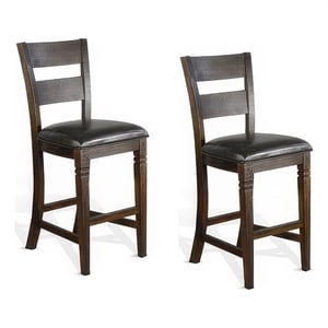 Flint Barstool Chair- Set of 2- Ladderback- Black Vinyl- Dark Brown Mahogany