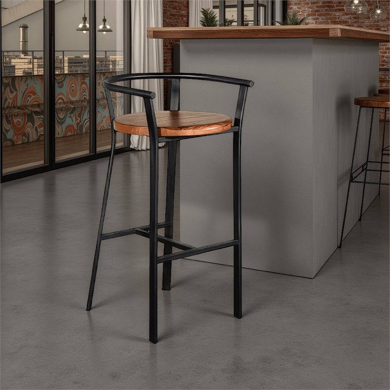 Flint Barstool Chair Set of 2- Round Seat- Dark Brown Mahogany- Black