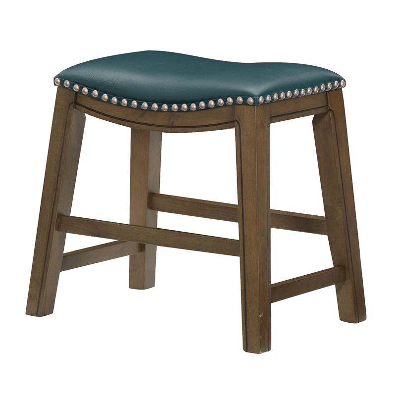 Miel 20 Inch Dining Stool- Green Faux Leather- Brown Solid Wood- Nailheads