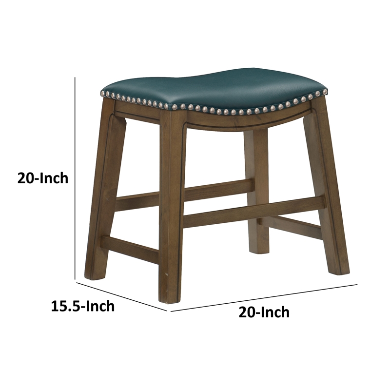 Miel 20 Inch Dining Stool- Green Faux Leather- Brown Solid Wood- Nailheads