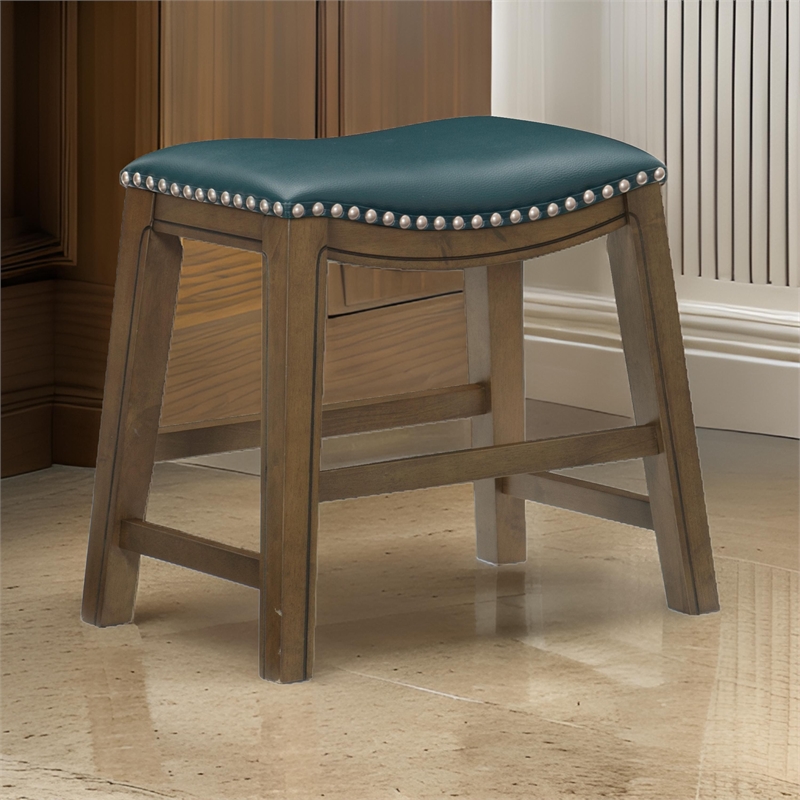 Miel 20 Inch Dining Stool- Green Faux Leather- Brown Solid Wood- Nailheads