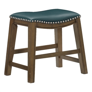 Miel 20 Inch Dining Stool- Green Faux Leather- Brown Solid Wood- Nailheads
