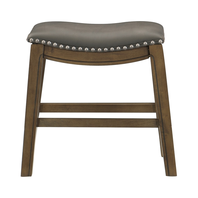 Miel 20 Inch Dining Stool- Gray Faux Leather- Brown Solid Wood- Nailheads