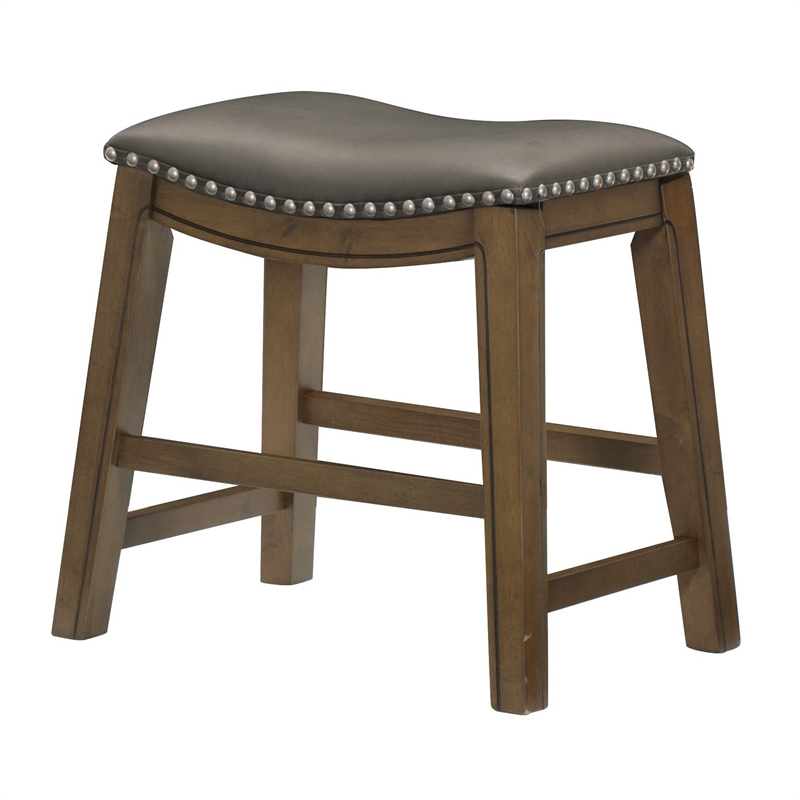 Miel 20 Inch Dining Stool- Gray Faux Leather- Brown Solid Wood- Nailheads