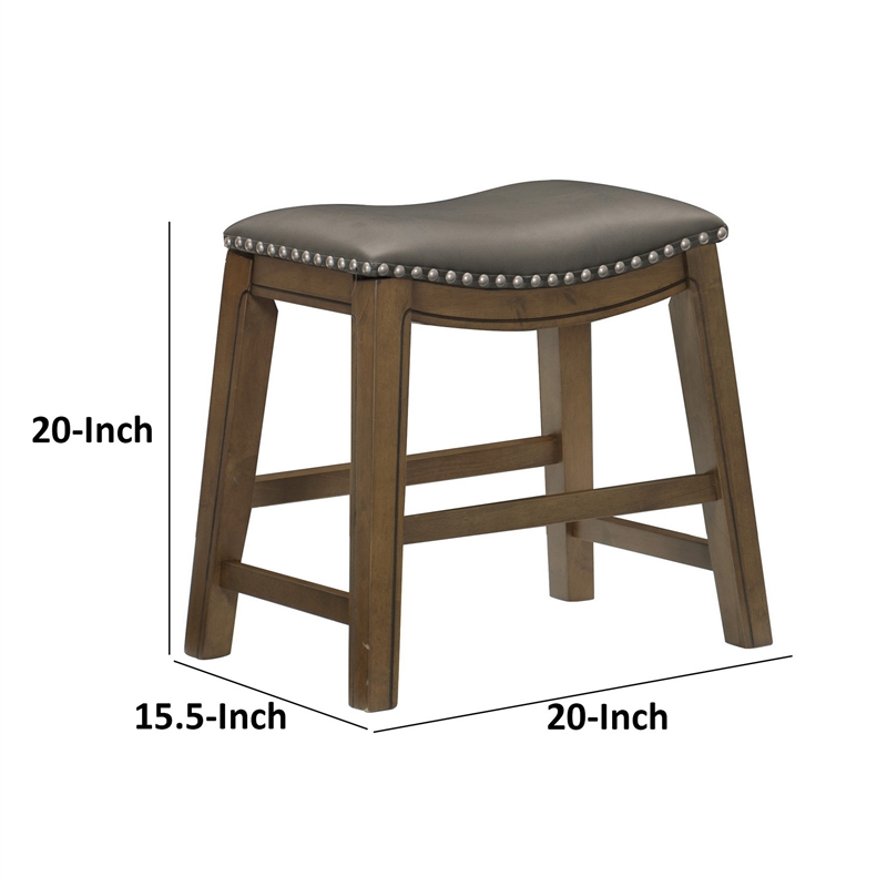 Miel 20 Inch Dining Stool- Gray Faux Leather- Brown Solid Wood- Nailheads