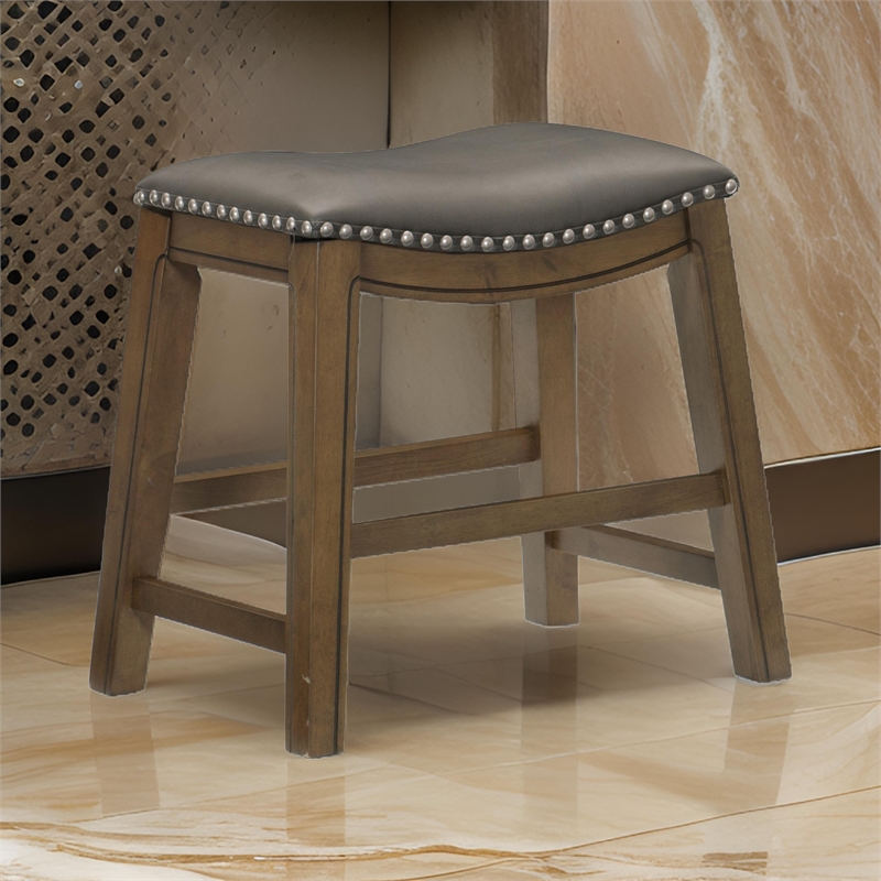 Miel 20 Inch Dining Stool- Gray Faux Leather- Brown Solid Wood- Nailheads