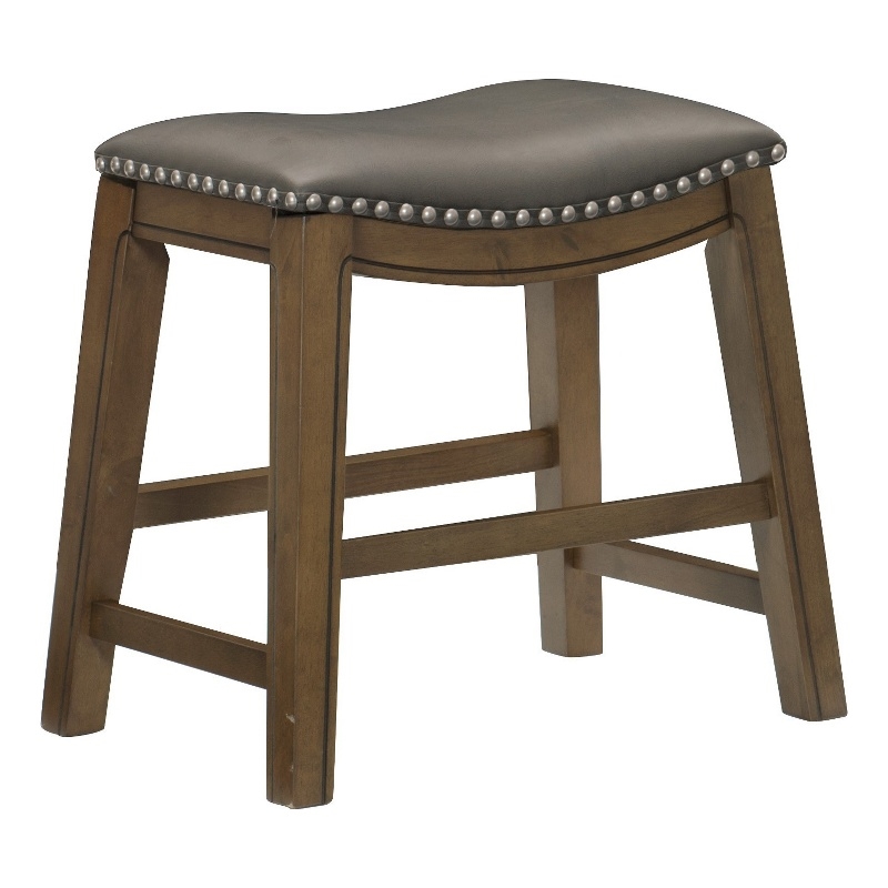 Miel 20 Inch Dining Stool- Gray Faux Leather- Brown Solid Wood- Nailheads