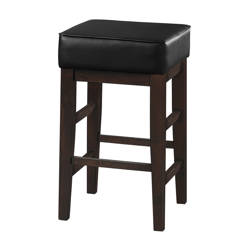 Vin 26 Inch Counter Height Stool- Black Faux Leather Seat- Dark Brown- Set of 2