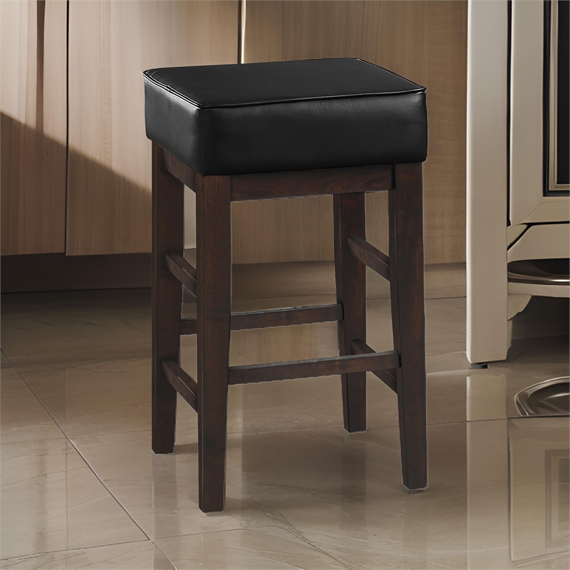 Vin 26 Inch Counter Height Stool- Black Faux Leather Seat- Dark Brown- Set of 2