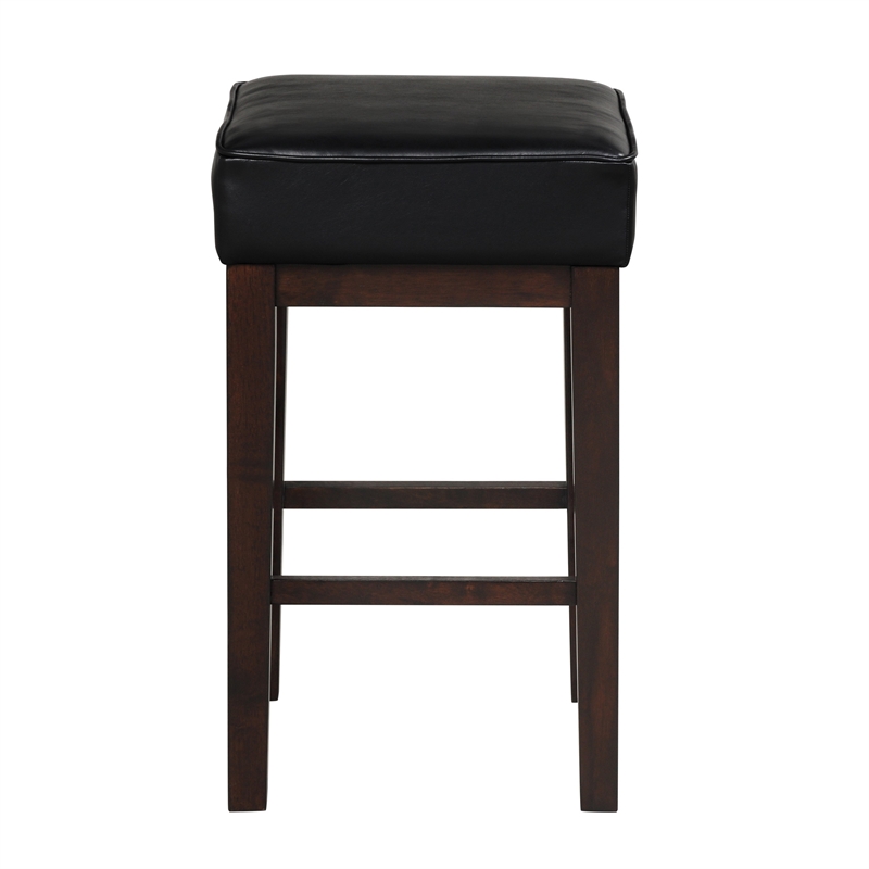 Vin 26 Inch Counter Height Stool- Black Faux Leather Seat- Dark Brown- Set of 2