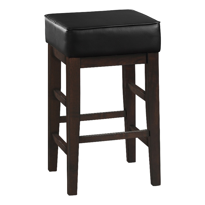 Vin 26 Inch Counter Height Stool- Black Faux Leather Seat- Dark Brown- Set of 2