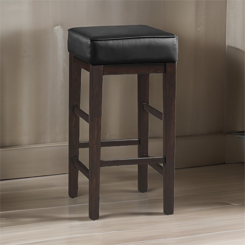 Vin 31 Inch Bar Height Stool- Black Faux Leather Seat- Dark Brown- Set of 2