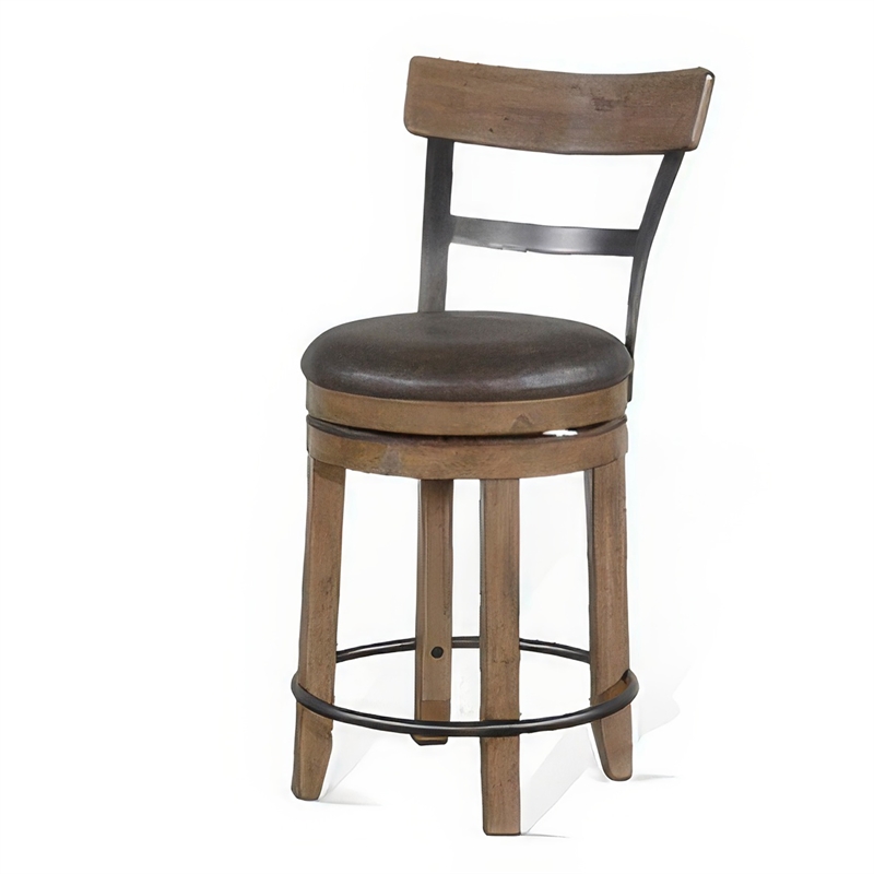 Yael Swivel Counter Stool Chair Set of 2- Gray Faux Leather Brown Wood