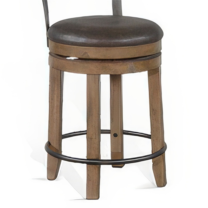 Yael Swivel Counter Stool Chair Set of 2- Gray Faux Leather Brown Wood