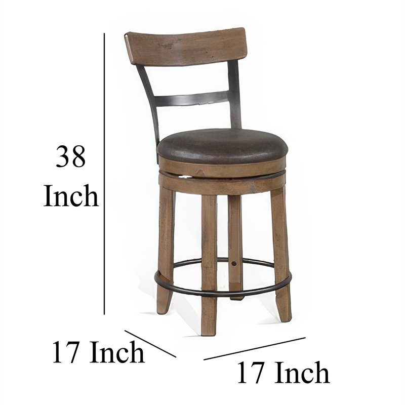 Yael Swivel Counter Stool Chair Set of 2- Gray Faux Leather Brown Wood