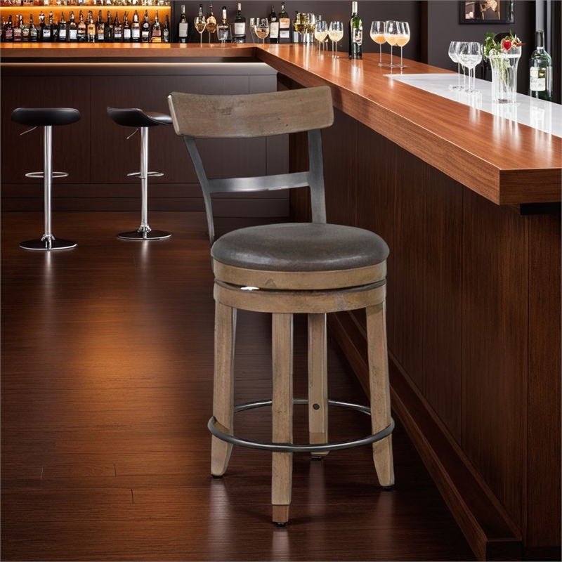 Yael Swivel Counter Stool Chair Set of 2- Gray Faux Leather Brown Wood