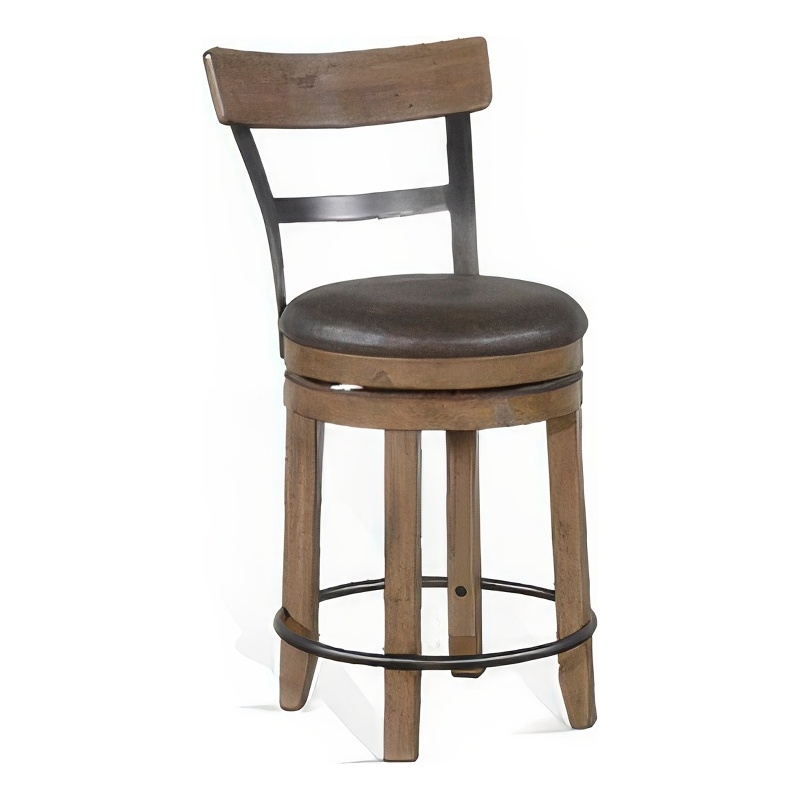 Yael Swivel Counter Stool Chair Set of 2- Gray Faux Leather Brown Wood
